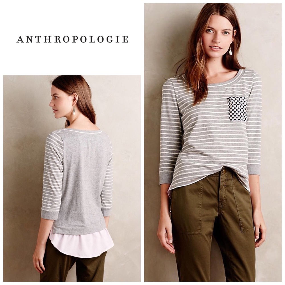 Anthropologie Little Button Gray Striped Knit Top with Polka Dot Pocket